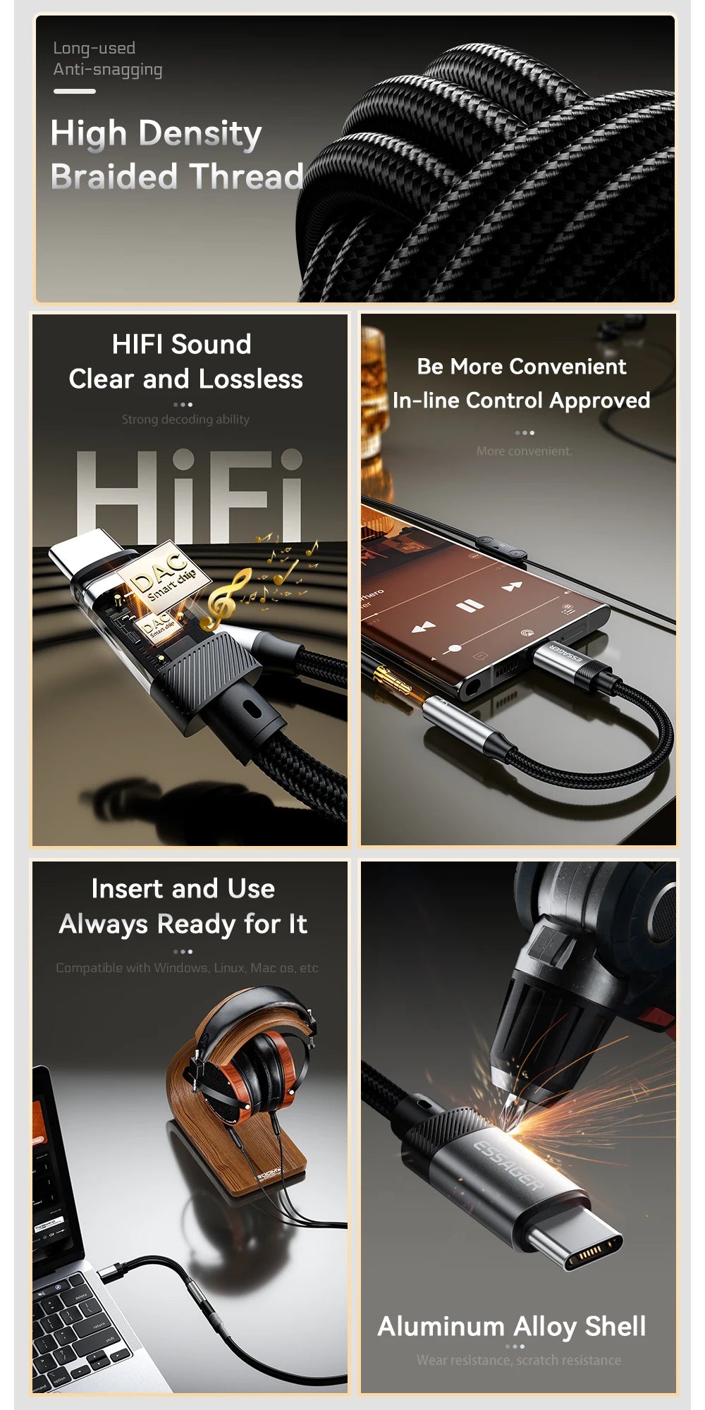 3.5mm jack Audio Adapter Headphone Aux Cable Type C and  iphone
