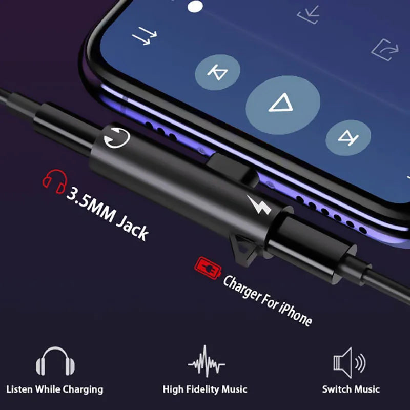 NEW 2 IN 1 Audio Headphone Charging Dual Adapter Splitter For iPhone For 3.5mm Jack to Earphone
