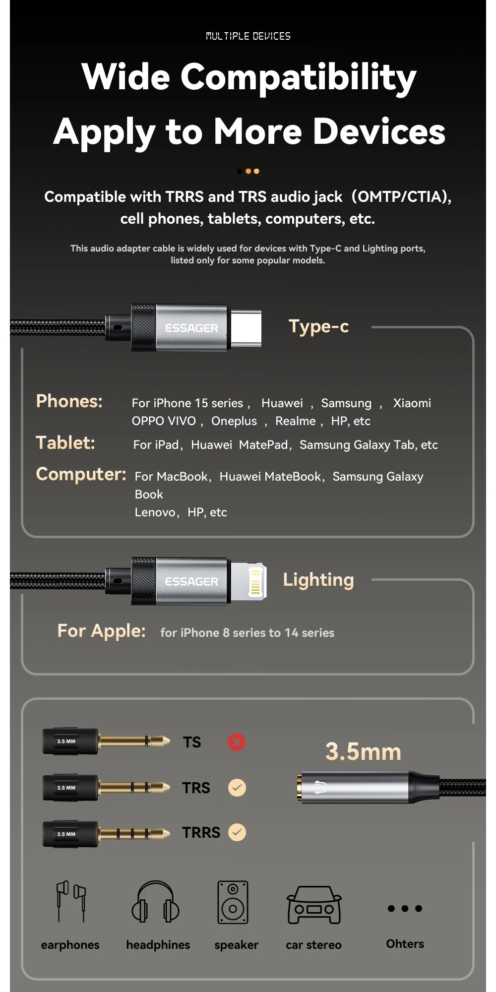 3.5mm jack Audio Adapter Headphone Aux Cable Type C and  iphone