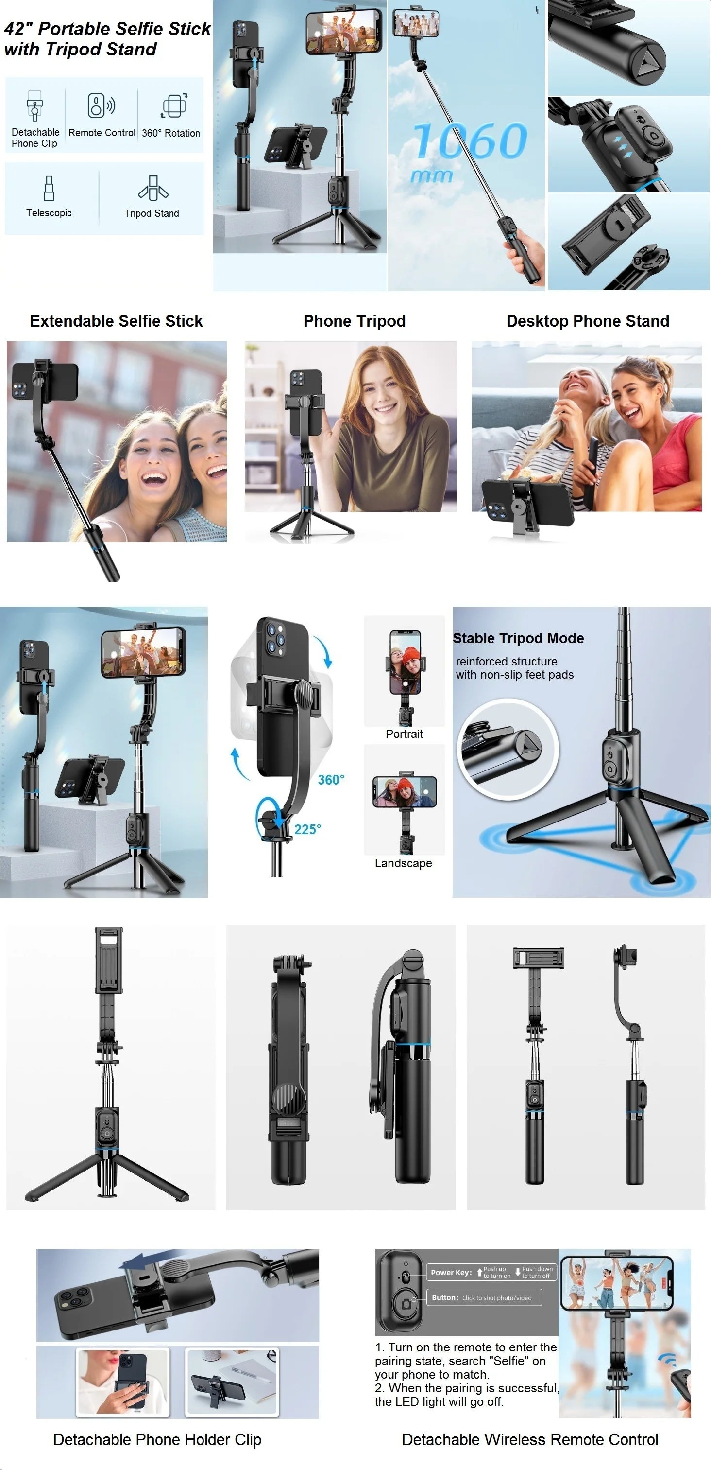 Wireless Selfie Stick Tripod Stand with Bluetooth Remote